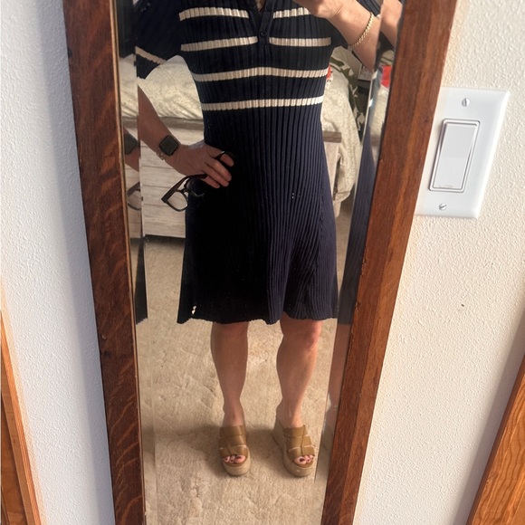 Navy Ribbed Knit Polo Dress with White Stripes- Small- NEW - Picture 2 of 12